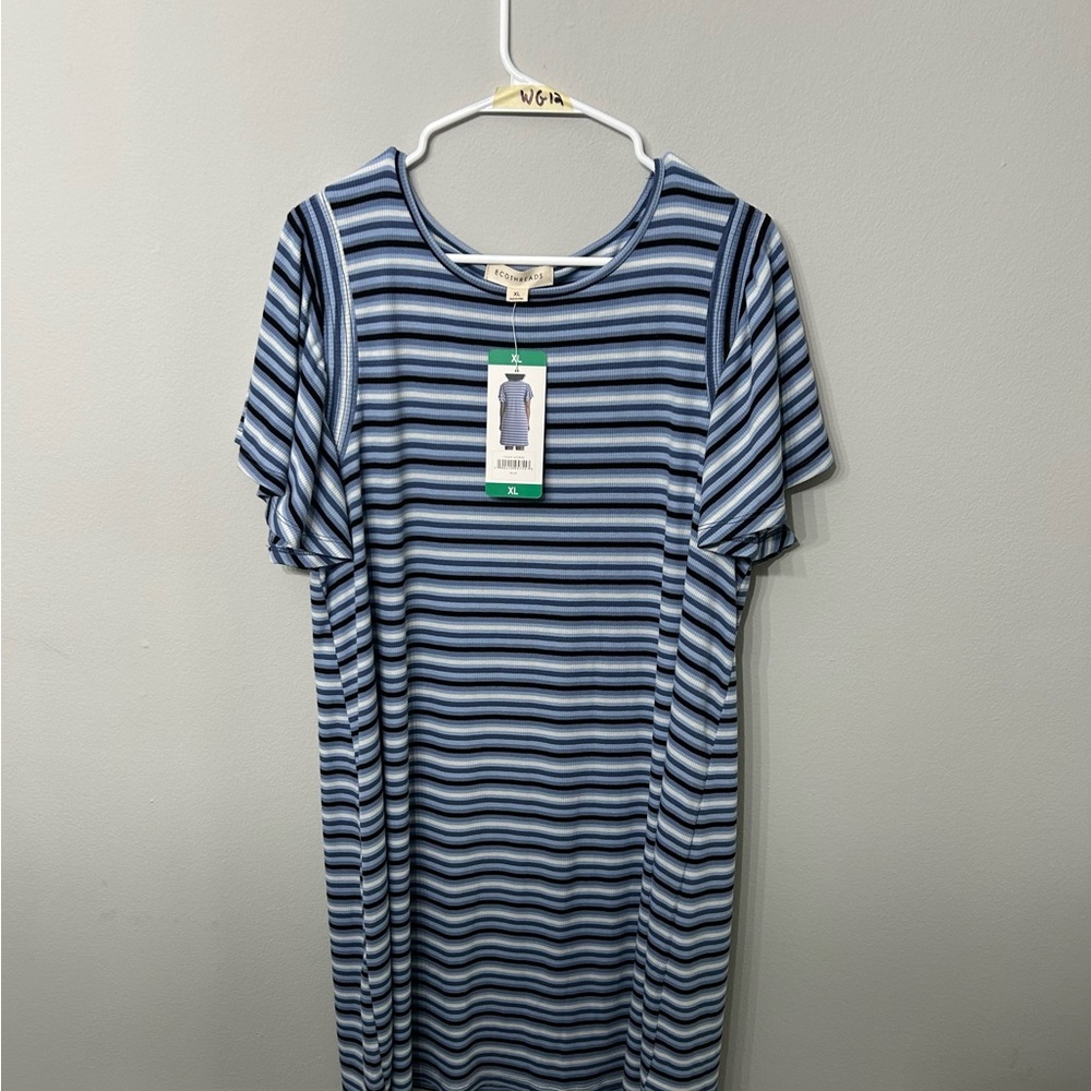 Women’s Ecothreads Blue Stripe Flutter Sleeve Dress XL NWT